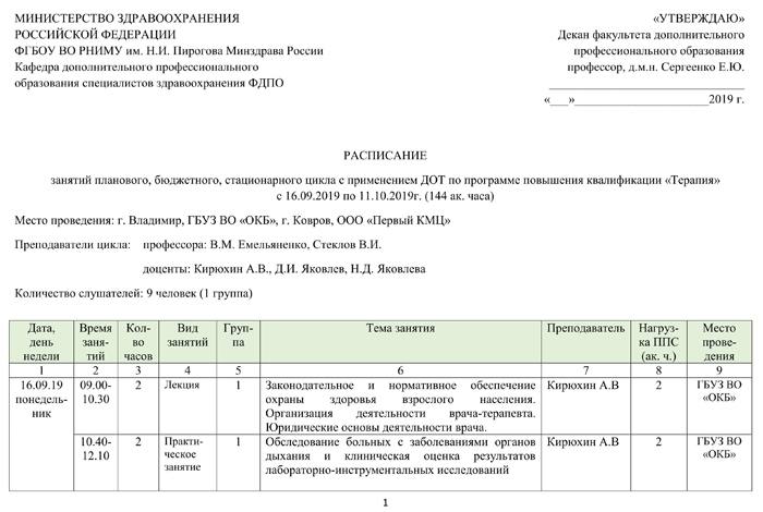 Расписание занятий кафедры дополнительного профессионального образования ГБУЗВО ОКБ